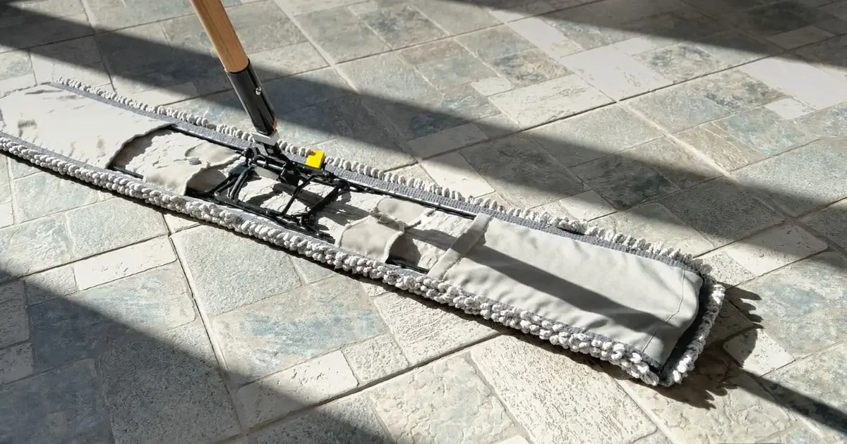 Microfiber mop cleaning a textured tile floor.